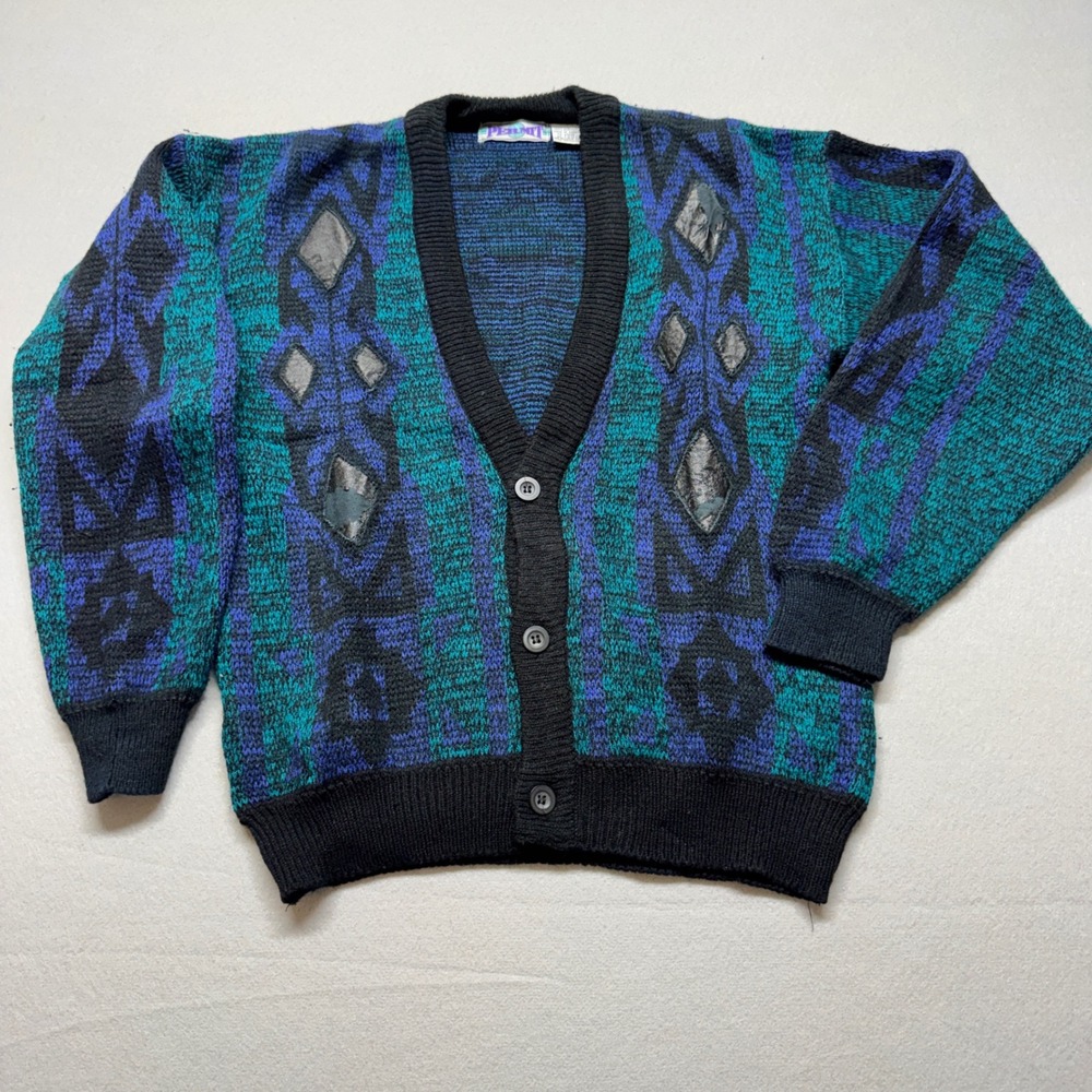 Vintage Permit Cardigan Sweater XL Teal Purple Geometric Faux Leather Patches